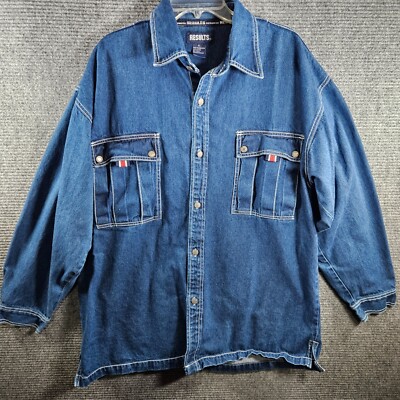 Vintage Results Denim Jacket Men's Size XL Blue Faded Heavy Button Up 90s