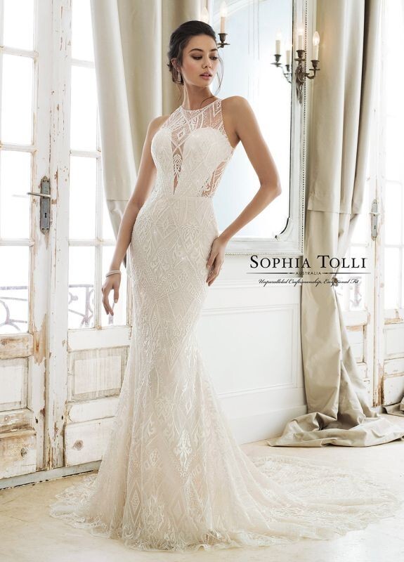 sophia tolli wedding dresses Sweetheart Neckline A-line Gown Lloyd offers a hint of sexy with the skirt split and the dress is completed with fabric covered buttons that run from the back of the dress and down the chapel length train Pearl Mikado Wedding Dress with