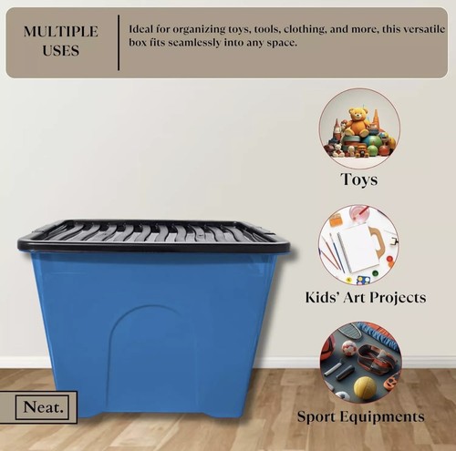 Plastic Storage Box 80L Blue 40cm W 60cm L 42cm H Black Lid Pack 3 - Picture 3 of 7
