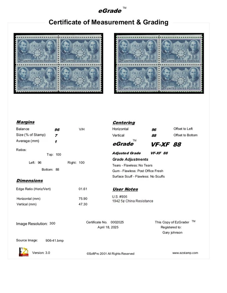 US Stamp #906 - 1942 5¢ China Resistance Issue, EzGrade™ VF/XF, MNH (Block of 4) - Image 3 of 3