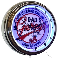 16" Dad's Garage - If It's Broke, Call Dad! Neon Clock Man Cave Decor (Blue)