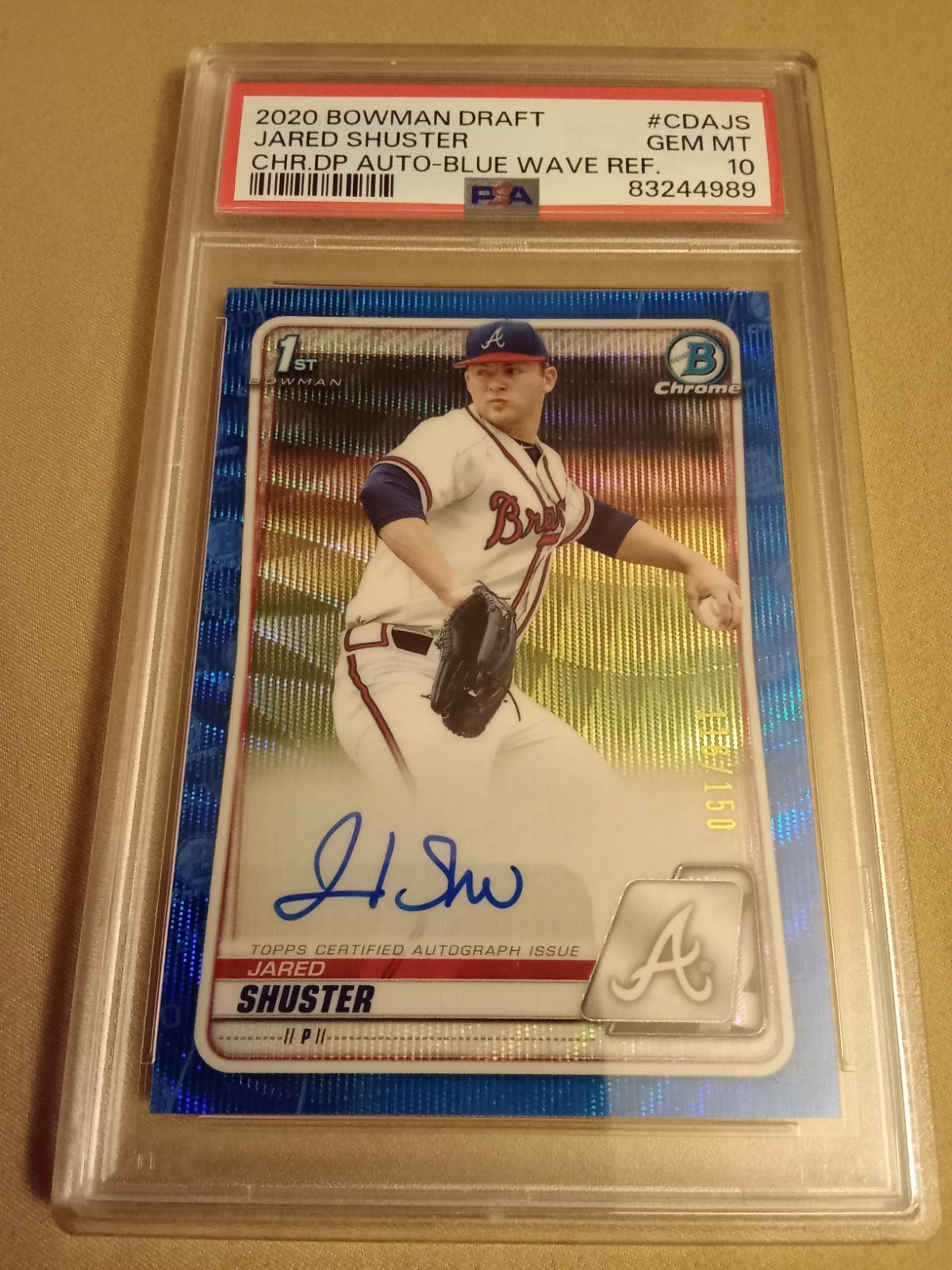 2020 Bowman Chrome Jared Shuster #116/150 AUTOGRAPH BLUE WAVE #CDA-JS PSA 10