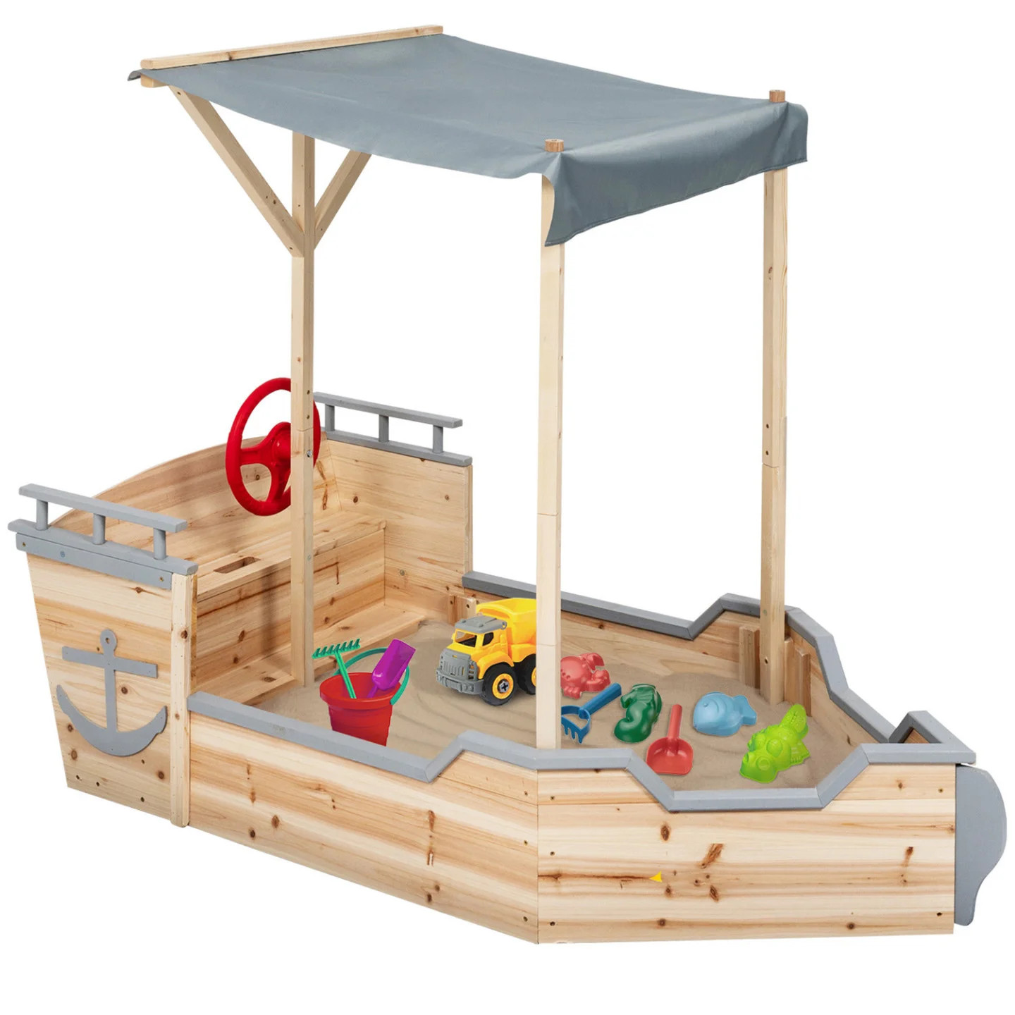 Bac à sable WORLD bateau de pirate bois avec toit gris et coffre banc
