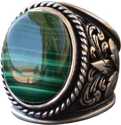 KAMBO 925 Sterling Silver Men's Ring Natural Malachite Handmade Turkey