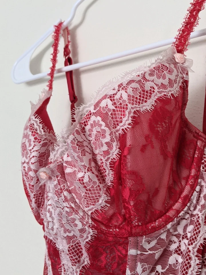 Impresionante corsé vintage Jezabel rojo con encaje blanco talla 34C Foto 3 de 4