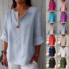 Summer Ladies Linen Cotton V-neck Tee Tops 3/4 Sleeve T-shirts Loose Blouse SIZE