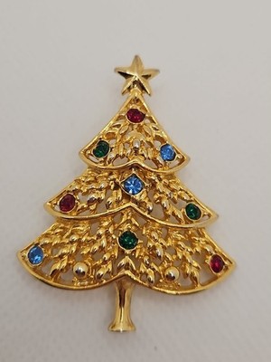 Vintage Eisenberg Ice Christmas Tree Brooch Gold Tone Rhinestones 