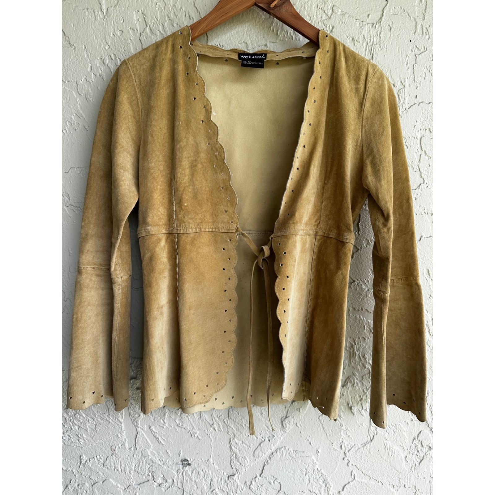 Wet Seal Vtg Y2K Tan Suede Leather Scalloped Tie Front Jacket XS Western