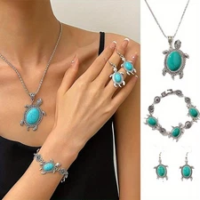4Pcs Women Jewelry Set Inlaid Turquoise Turtle Earring Necklace BohemianJewelry