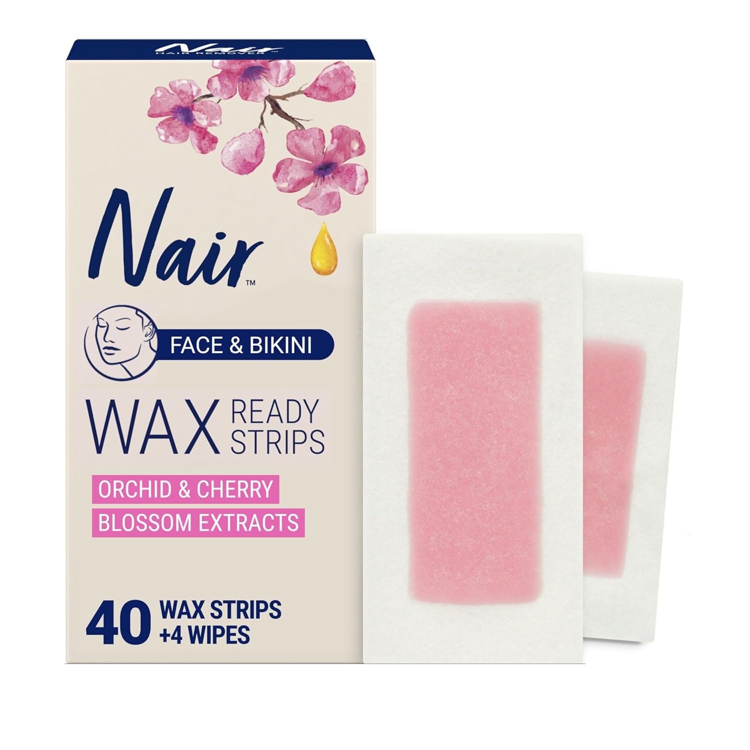 Nair Hair Remover Wax Ready Strips, Face and Bikini Hair Removal Wax Strips,40