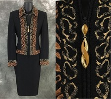 BEAUTIFUL St John collection knit black shimmer multi jacket skirt suit size 2
