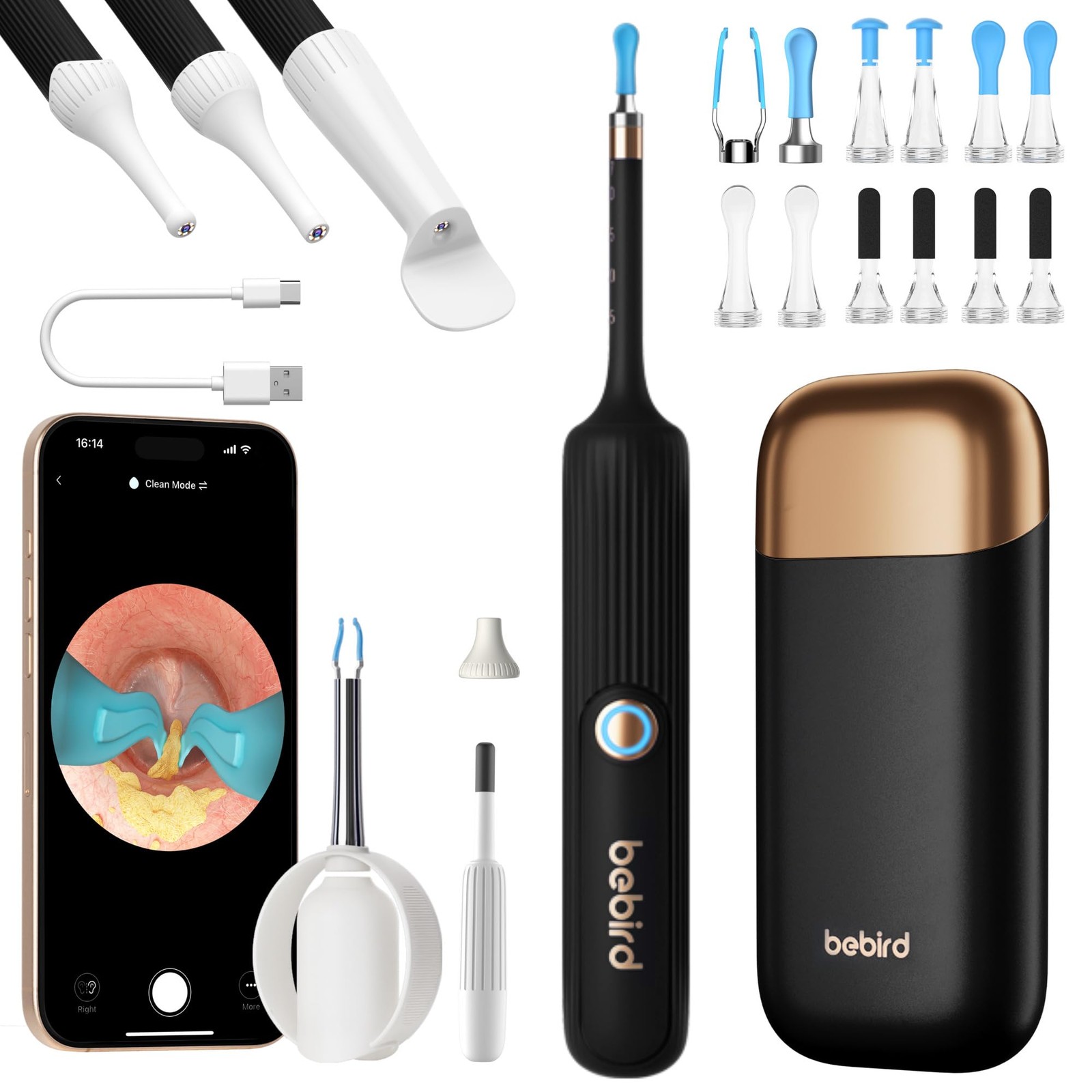 Otoscope décireilleur sans fil avec caméra HD et embout flexible bleu pour toute la famille
