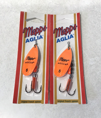 LOT OF 2 MEPPS AGLIA FRENCH SPINNER SIZE #5 FLO ORANGE BLACK 1/2oz NEW VINTAGE