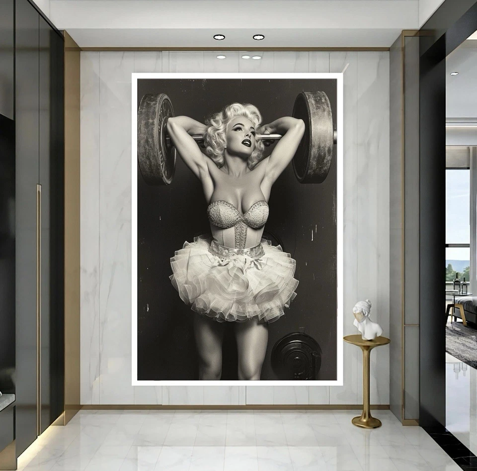 Arte de pared en lienzo Marilyn Monroe levantando pesas en tutú arte pop impresión decoración de pared Foto 3 de 4