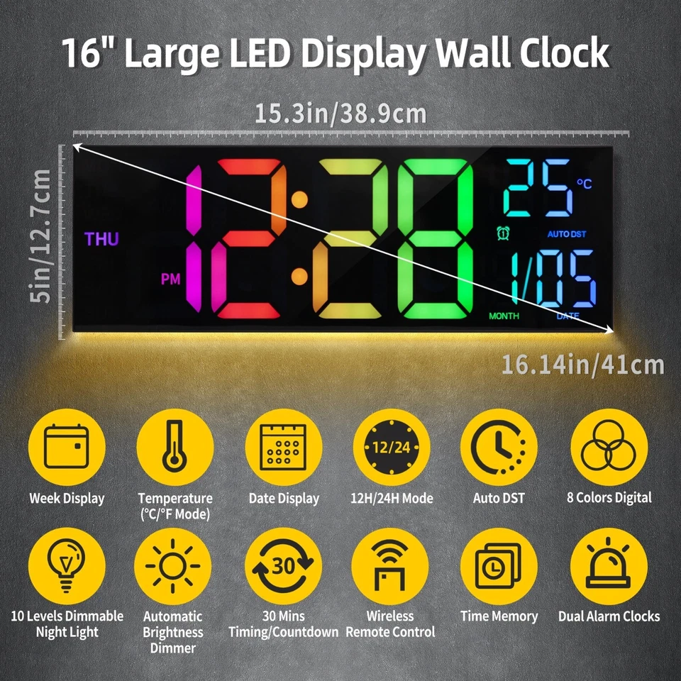 16 inch Large Wall Clock Big LED Display with Remote Control 8 RGB Colors - Image 4 of 4