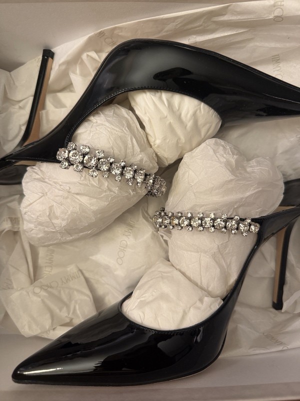JIMMY CHOO Bing 100 Black Patent Leather Crystal Strap Mules size 41 & Authentic