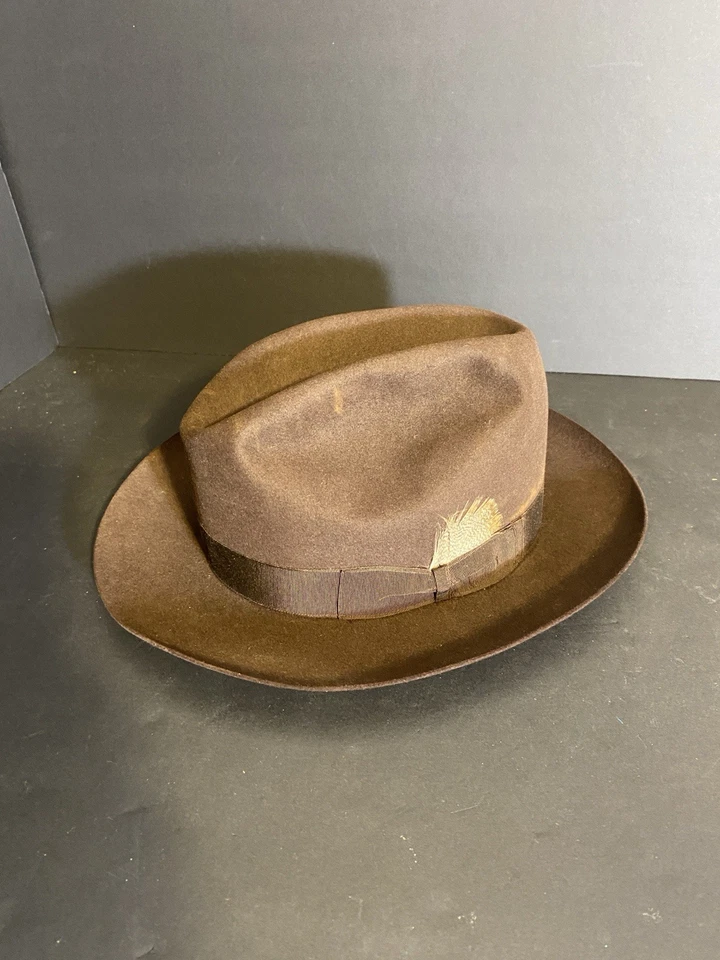 Vintage 1950s Borsalino XX Castoro Beaver Fur Fedora Brown w/ Feather Rome 6 7/8 - Image 1 of 4