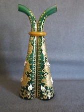 Bohemian Moser Green Glass Double Stemmed Cruet, Gold Gilded, Enameled, 1890's