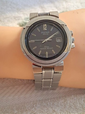 #ad Men#x27;s Pulsar Solar Watch Model V145 0C90 Black Dial Analog Stainless Steel $88.00