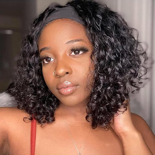 Deep Wave Headband Wig Human Hair 10 Inch Curly Headband Wigs for Black Women...