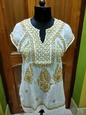 S SLEEVELESS TUNIC TOP ETHNIC CHIKAN EMBROIDERY 100 COTTON KURTA HANDMADE KURTI