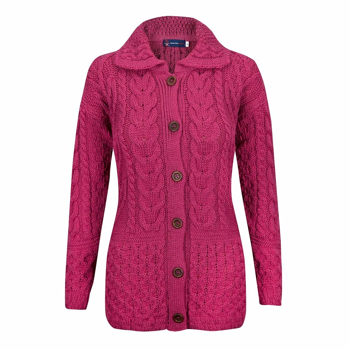 Authentic British Wool Ladies Deep Pink Arran Button Cardigan MADE IN UK