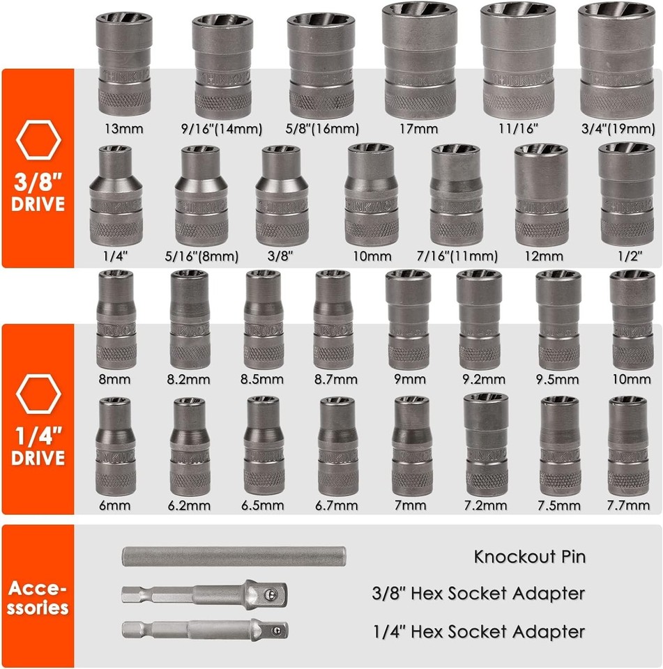 Upgrade Bolt Extractor Set, 32 Pieces Impact Bolt & Nut Remover Set