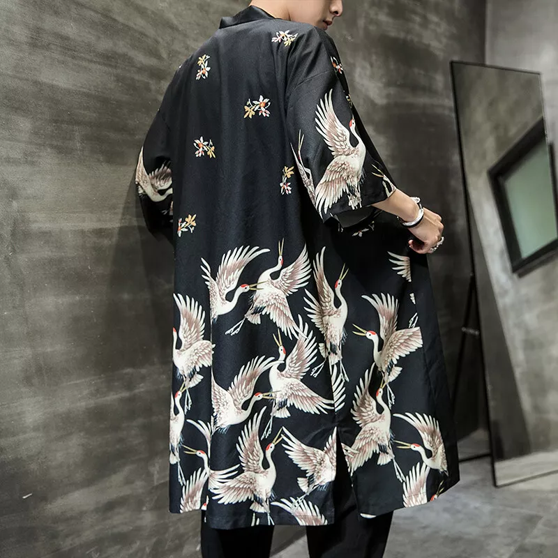 Men Thin Japanese Kimono Coat Loose Yukata Outwear Long Bathrobe