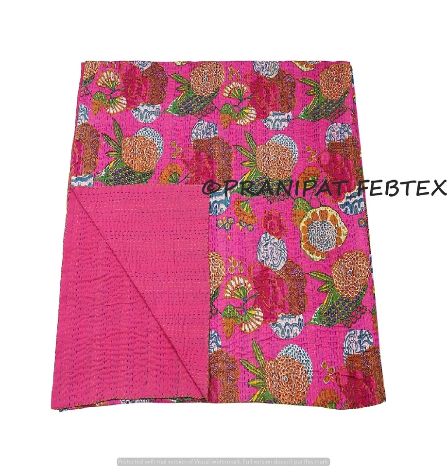 Colcha Indian Kantha Estampado Tropical Rosa Queen Algodón Colcha Foto 4 de 4