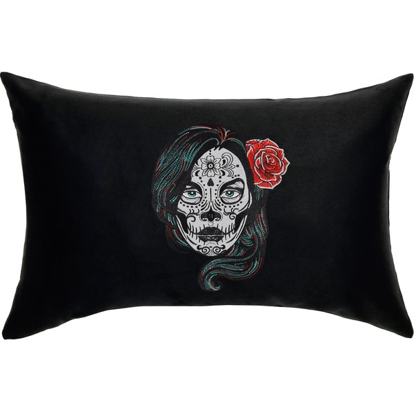 Totenkopf Lady Mit Rose Premium Kissen Tribal Skull Tattoo Dekokissen - 40X60Cm-image