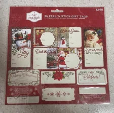 Holiday Time Christmas 36 Peel N Stick Gift Tags Santa Snowman Glitter Snowflake