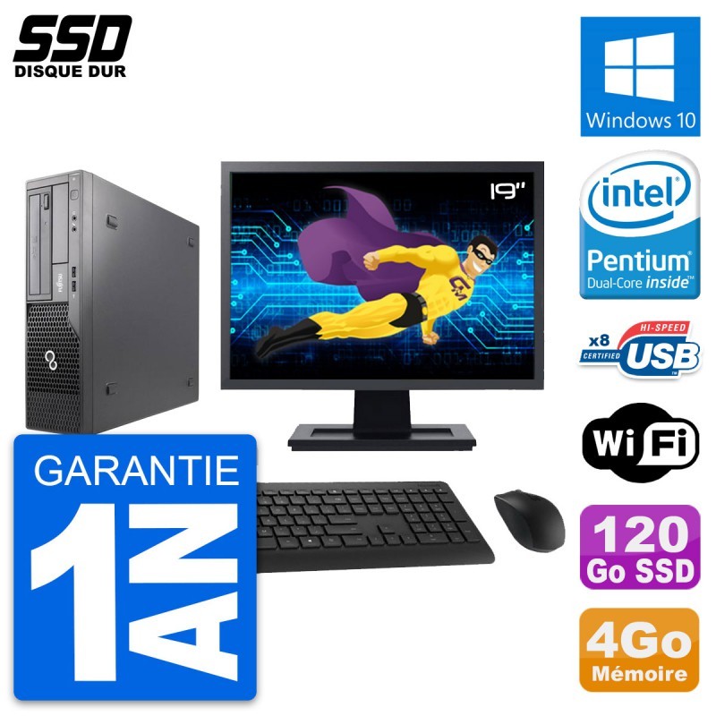 PC Fujitsu E500 E85+ DT Ecran 19" Intel G630 RAM 4Go SSD 120Go Windows 10 Wifi
