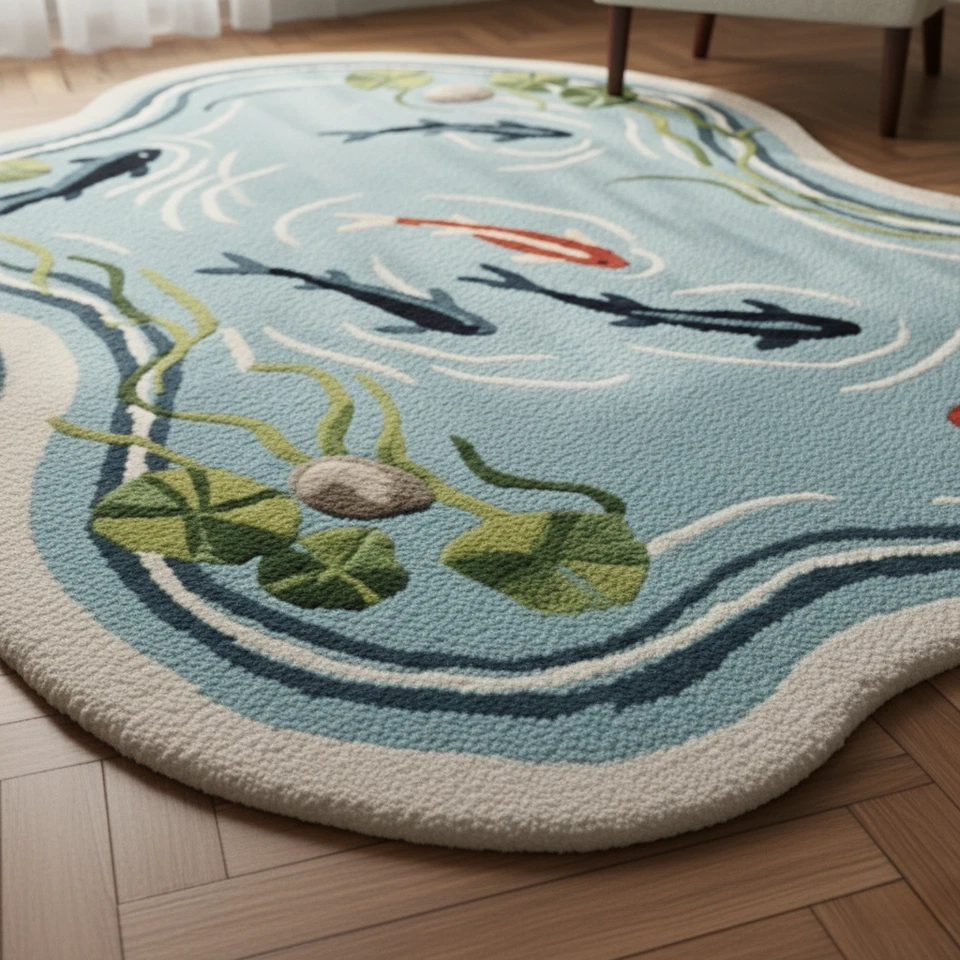 Alfombra de lana acolchada irregular con diseño de estanque de peces Koi azul roto Foto 4 de 4