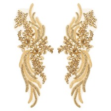 1 Pair 14"x5" Handmade Rhinestone Applique Beaded Applique Patch Champagne Gold