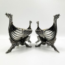 PAIR VINTAGE NORWEGIAN VIKING LONGBOAT SALT CELLARS 830 GRADE SILVER