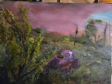 Olio Auto Abbandonata al Crepuscolo 12x16 | Paesaggio Prato Rustico | Arte Tonalista Moody