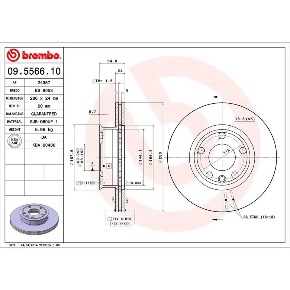 Compatível com rotores de freio dianteiro Volkswagen EuroVan 1995 - Brembo Premium OE equivalente - Imagem 4 de 4