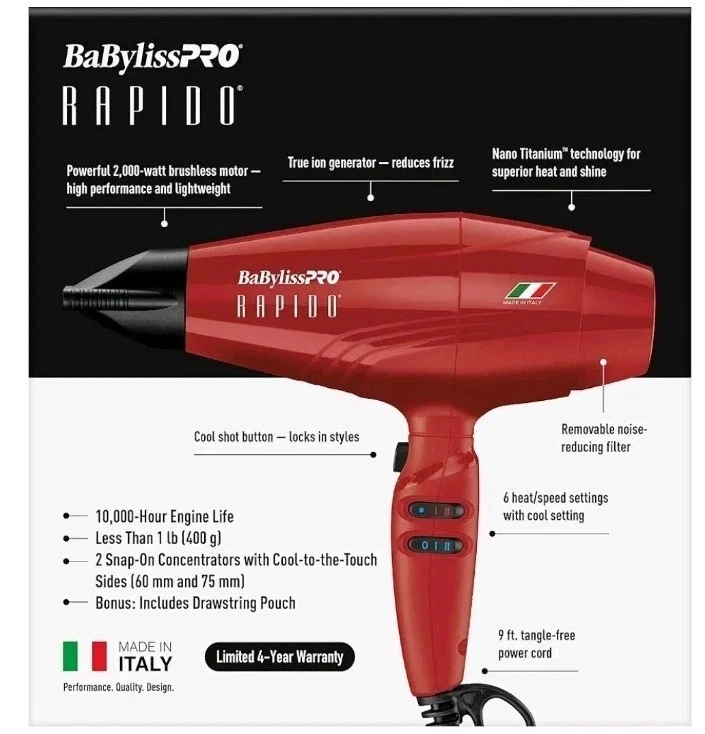 NUEVO *CAJA ABOLLADA BABYLISS PRO RAPIDO SECADOR DE PELO ROJO 50% SECADO MÁS RÁPIDO BRAP1 Foto 2 de 4