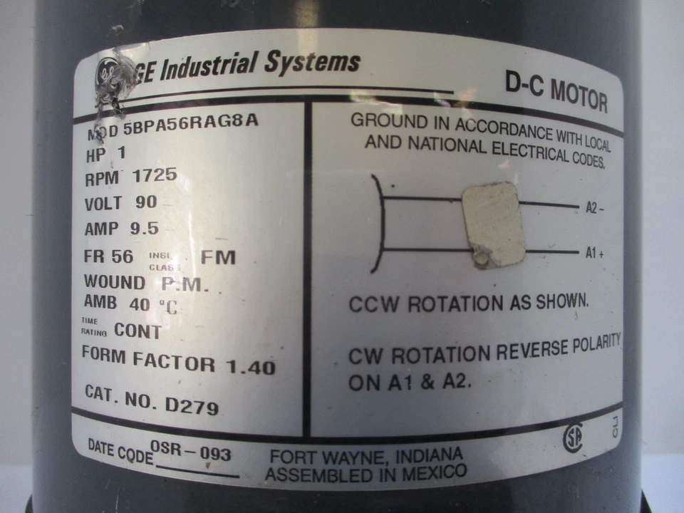 GE 5BPA56RAG8A 1-HP DC Motor 90V 9.5 Amp 1725-RPM 56 1HP D279 General Electric - Image 4 of 4