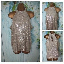 New Wallis Champagne Gold Sequin High Neck Top Size 14 Petite Occasion Cruise