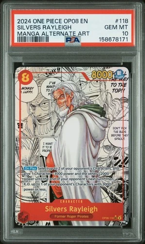 2024 ONE PIECE OP08-TWO LEGENDS MANGA ALTERNATE ART #118 SILVERS RAYLEIGH PSA 10