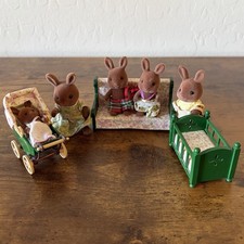 Calico Critters Sylvanian Wildwood Brown Bunny Family Of 5 Baby Pram Crib Couch