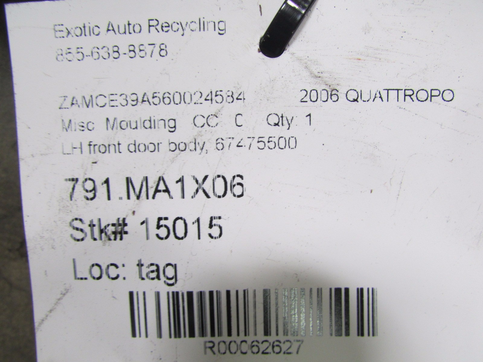 Maserati Quattroporte, LH Left Front Rubber Door Gasket, Used, P/N 67475500