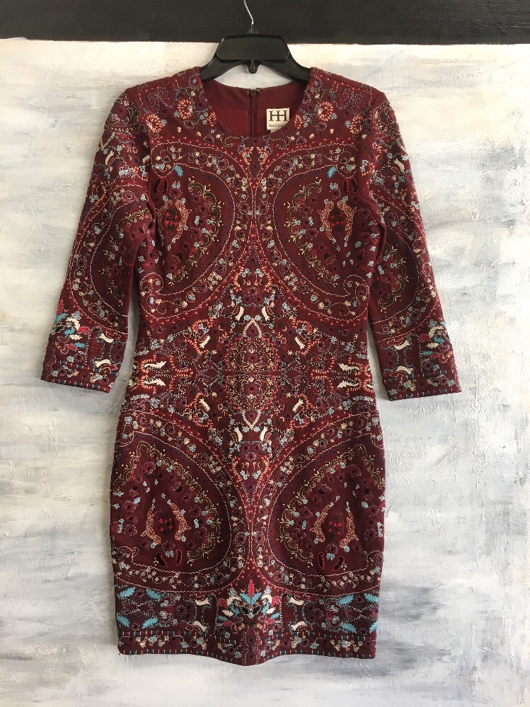NEW HAUTE HIPPIE H5087100PT 3/4 Sleeve Embroidered Sheath Mini Dress, 4 -  Merlot | eBay