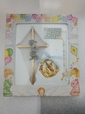BAPTISM CHRISTENING CROSS w/ PRAYING BOY GIFT ORIGINAL BOX FIRST HOLY COMMUNION