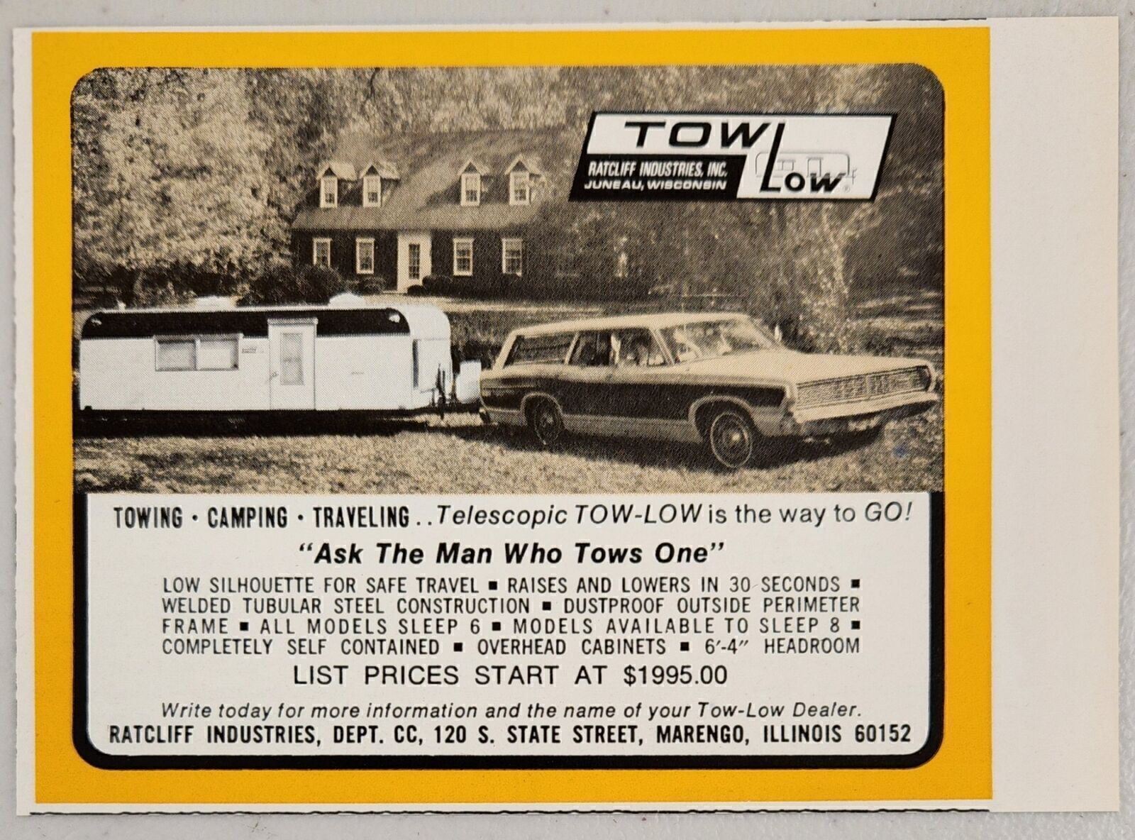 1969 Print Ad Tow Low Travel Trailer Raises & Lowers Ratcliff Marengo
