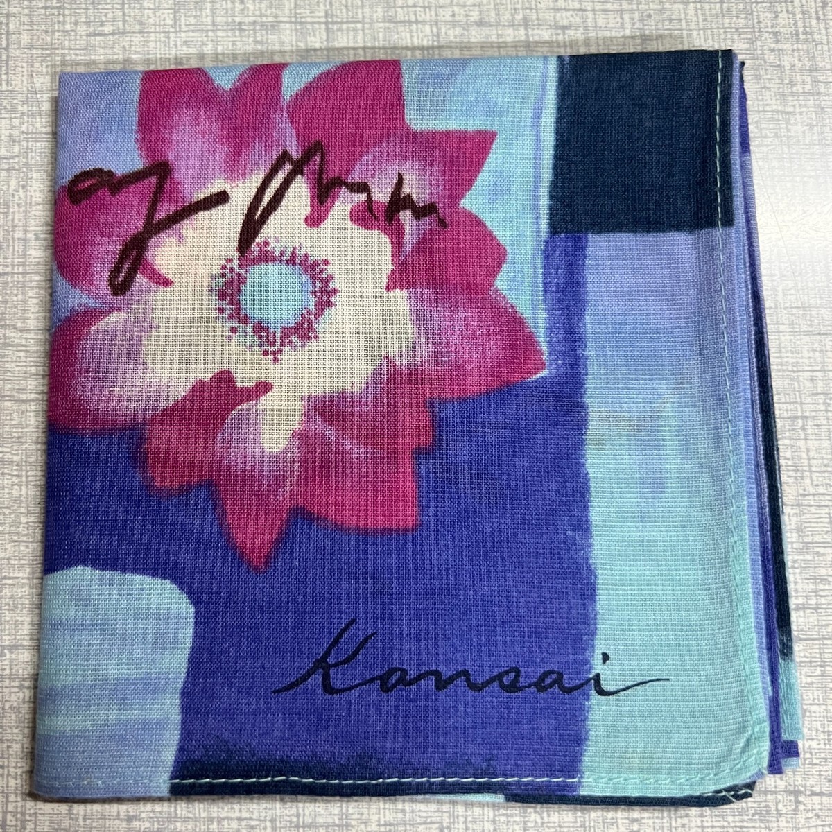 ART JAPAN ART BLUE HANKY PINK LOTUS FLOWERS WOMAN POCKET SQUARE