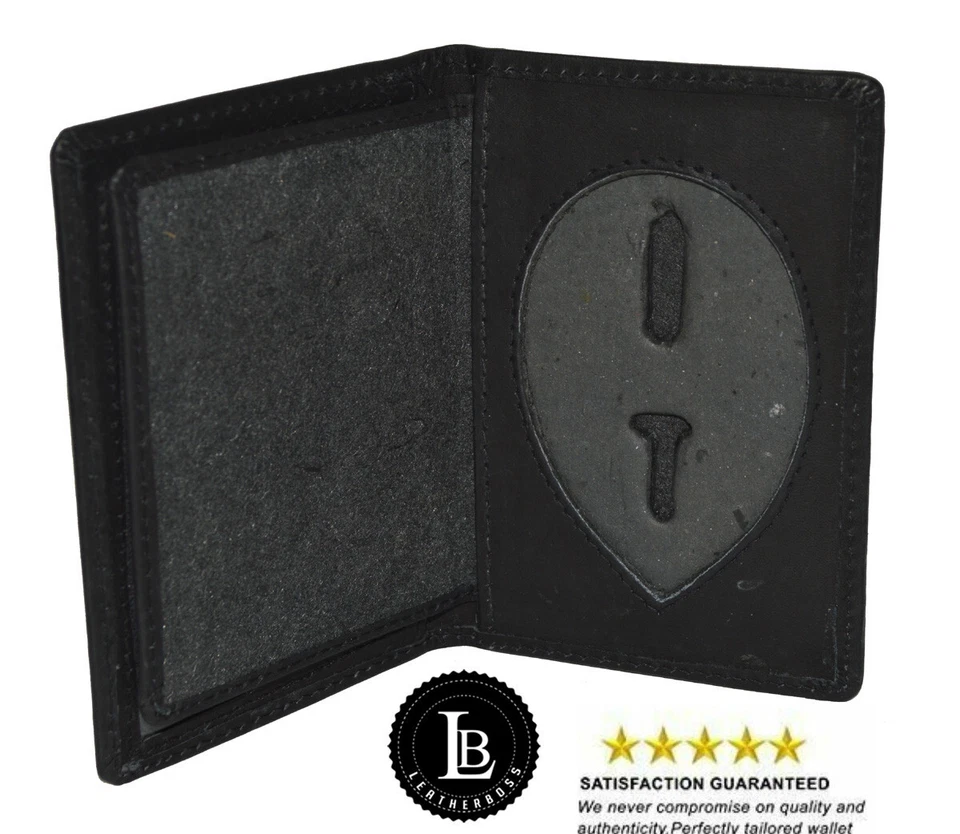 POLICE ID BADGE HOLDER SHIELD BADGE BIFOLD NEW BLACK GENUINE LEATHER RARE STYLE - Image 2 of 4