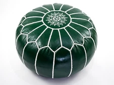 Moroccan Handcrafted Leather Pouf, handmade leather pouf, green pouf