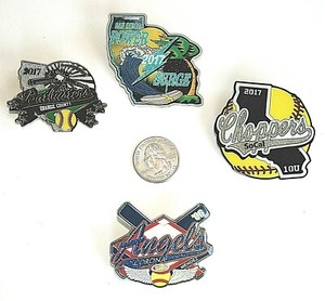 SOCAL SOFTBALL LOT OF 4 HUGE PINS ! CHOPPERS / ANGELS / BATBUSTERS / POWER SURGE